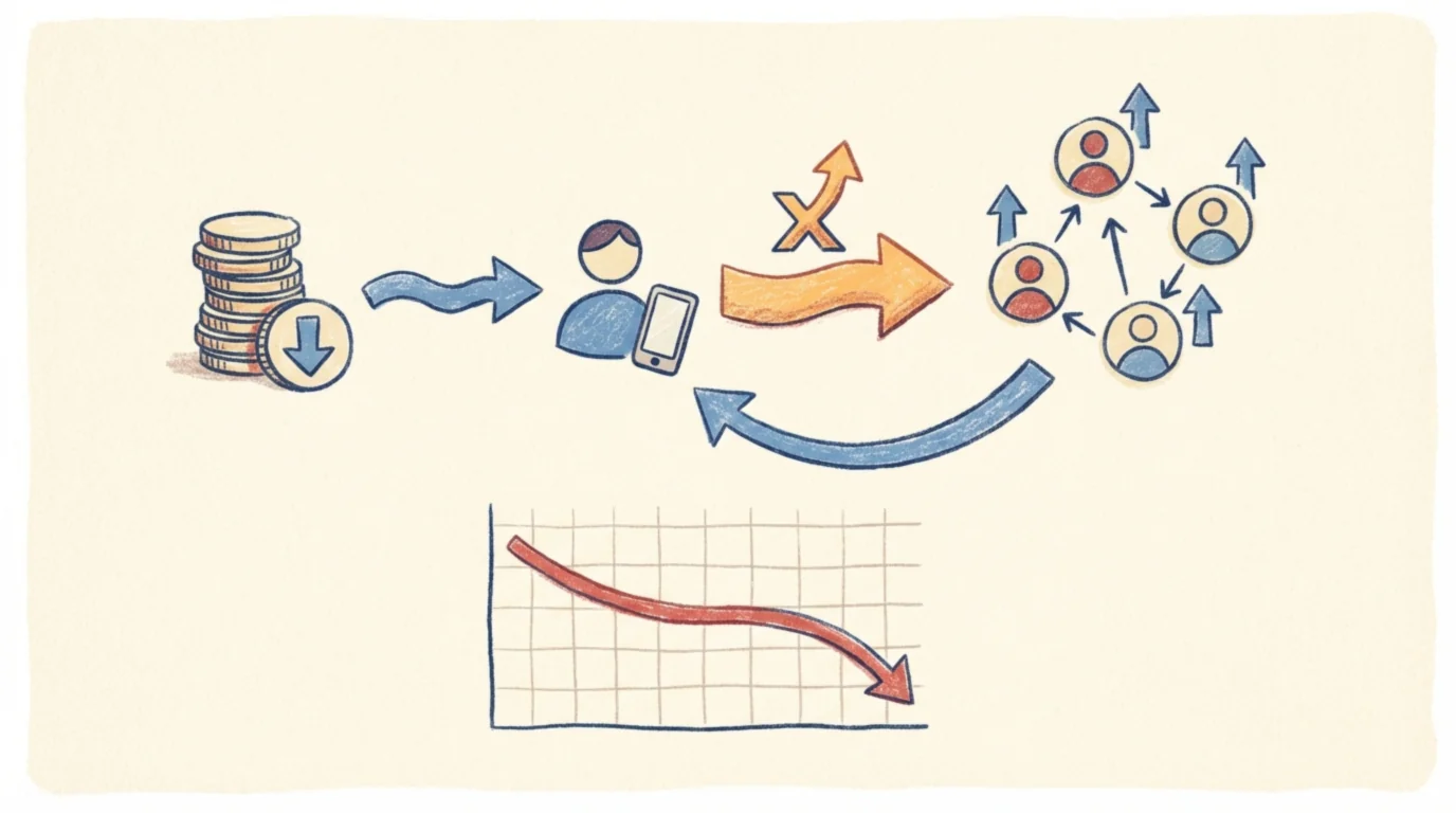 Схема, иллюстрирующая концепцию органического множителя: платные установки ведут к органическим, показывая эффект множителя.