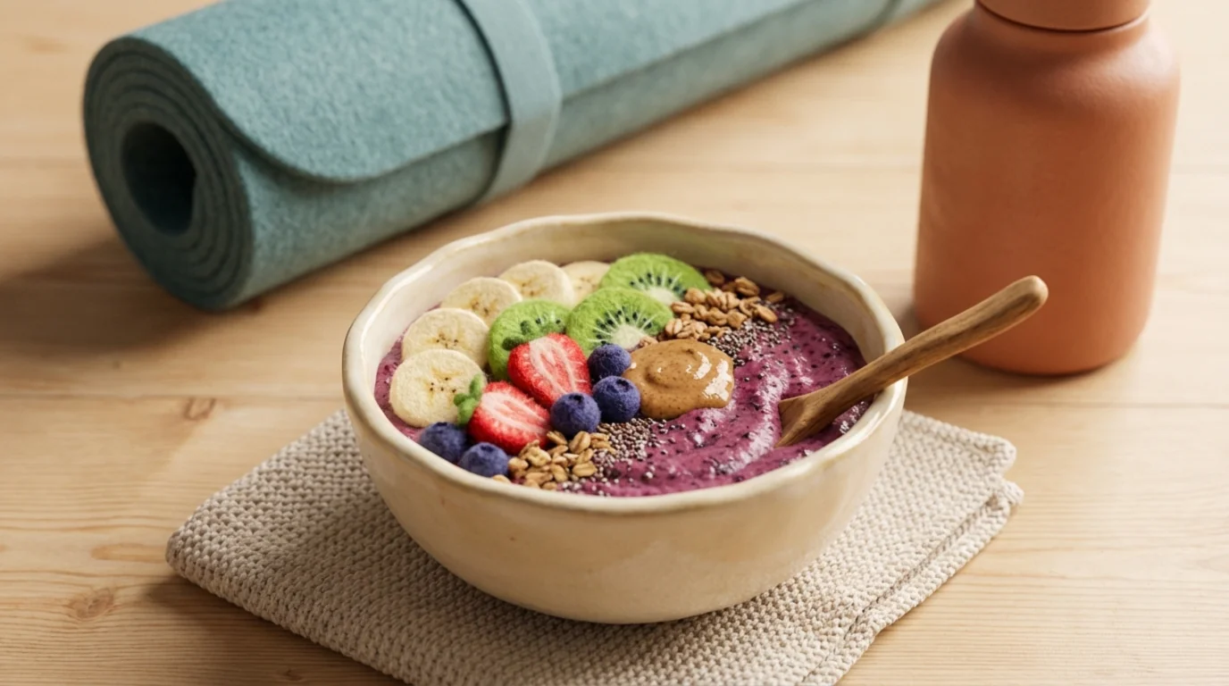 Здоровое блюдо на фоне коврика для йоги, демонстрирующее реферальную программу для бизнеса.