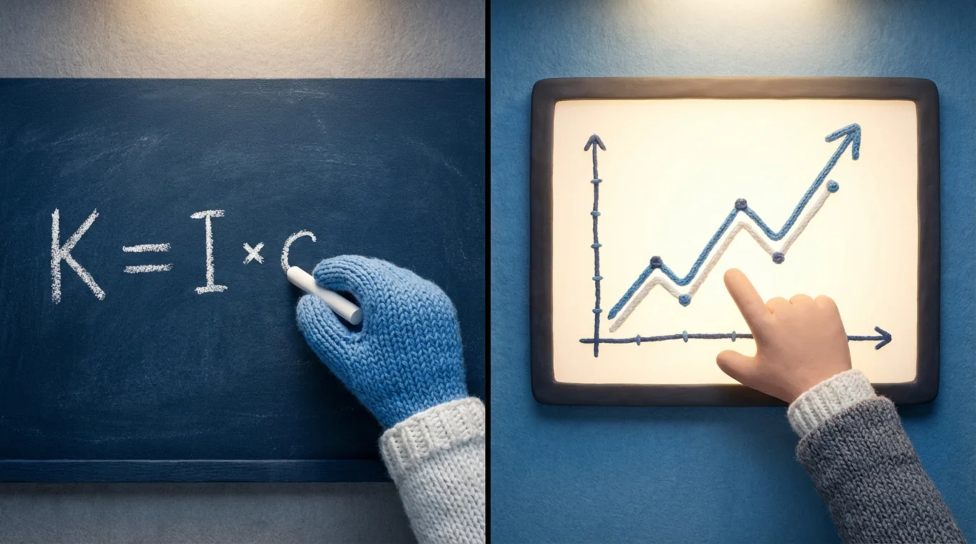 Рука пишет формулу на доске, другая указывает на график роста на экране.