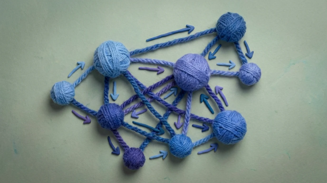 Стилизованная иллюстрация взаимосвязанных узлов сети, демонстрирующая сетевые эффекты. Увеличение связей повышает ценность и плотность сети.