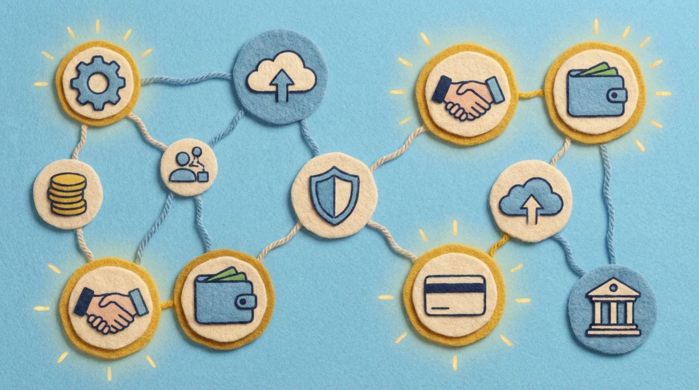 Иллюстрация реферальной программы для бизнеса, показывающая взаимосвязь сервисов и партнерские возможности.