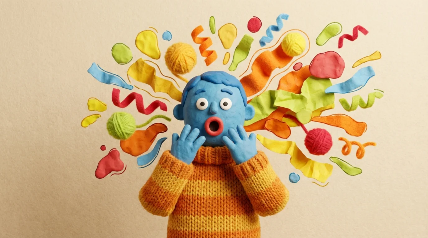 Яркая иллюстрация человека, удивленно широко раскрыв глаза и рот. Вокруг него взрываются абстрактные формы и цвета, символизируя восторг.