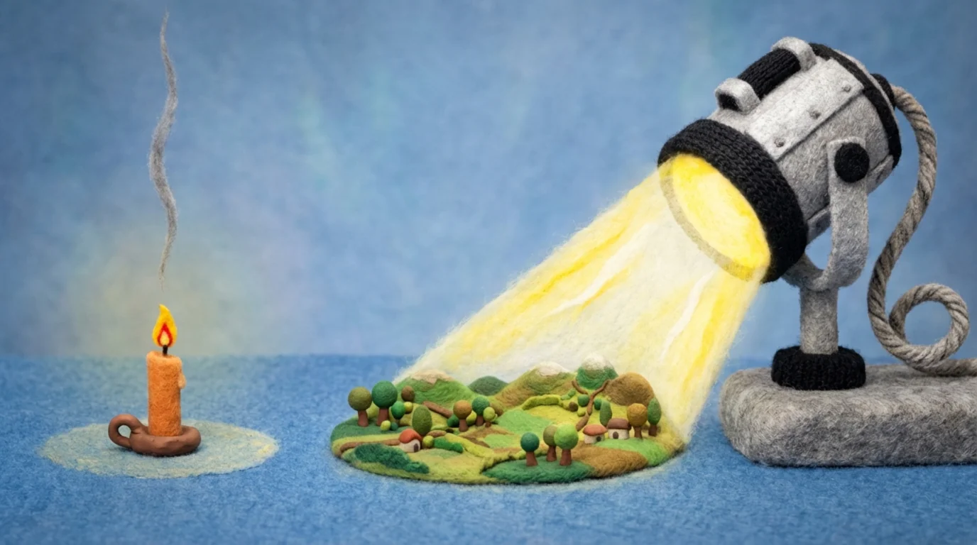 Сравнение обычного продукта (свеча) и продукта, улучшенного в 10 раз (прожектор), иллюстрирующее product-led growth что это.