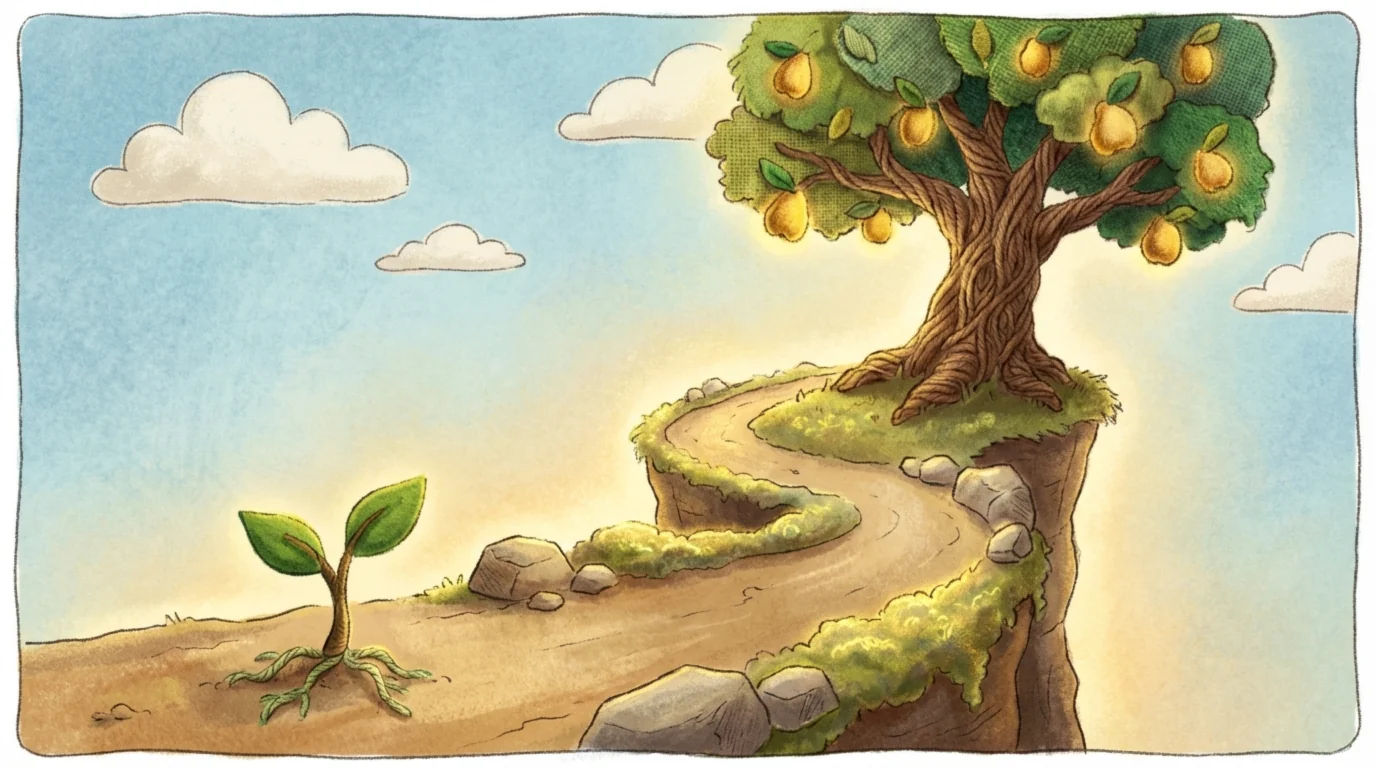 Визуальная метафора пожизненной ценности клиента: путь роста от ростка до плодоносящего дерева.