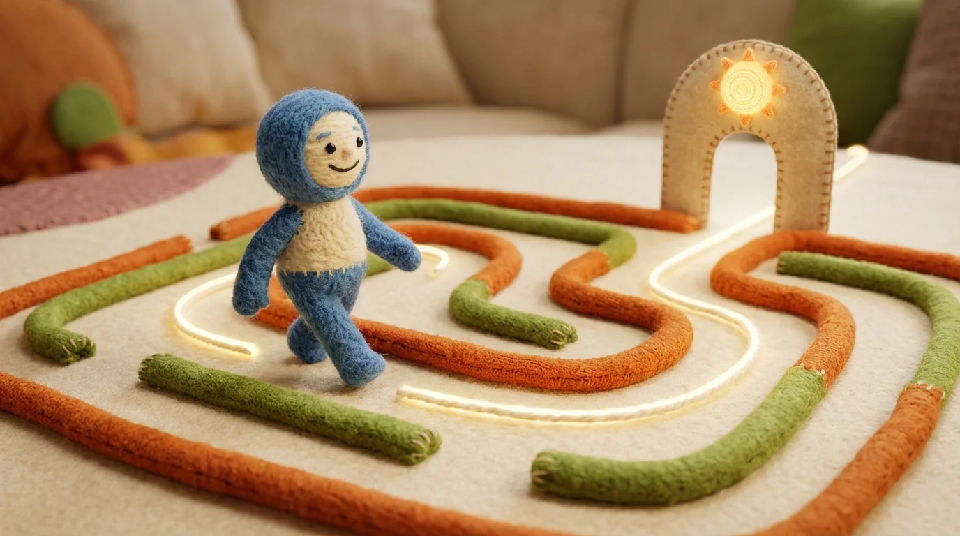 Визуальная метафора простого лабиринта, символизирующая product-led growth что это: интуитивное использование продукта и самообслуживание.