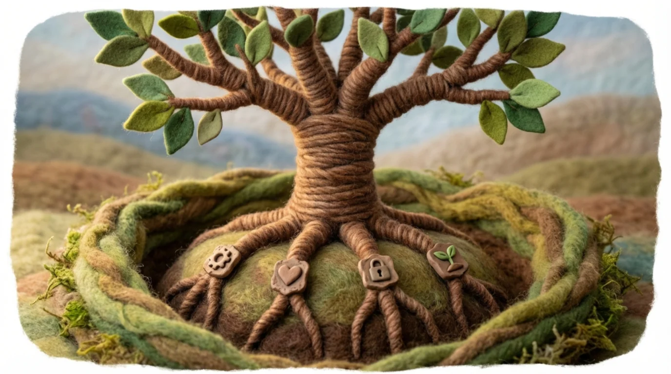 Product-led growth что это: крепкое дерево с корнями-функциями, символизирующее рост и лояльность клиентов.