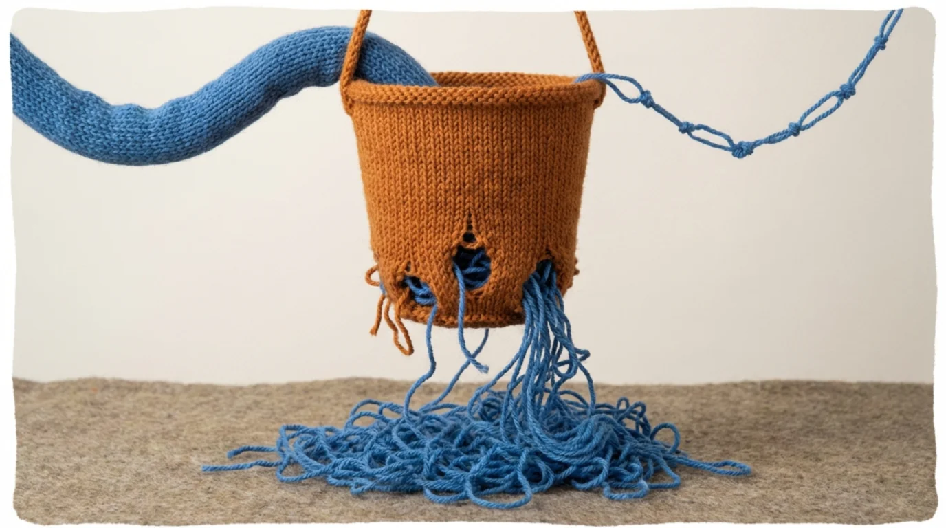 Визуальная метафора: протекающее ведро, символизирующее отток клиентов, несмотря на приток новых пользователей и платные привлечения.