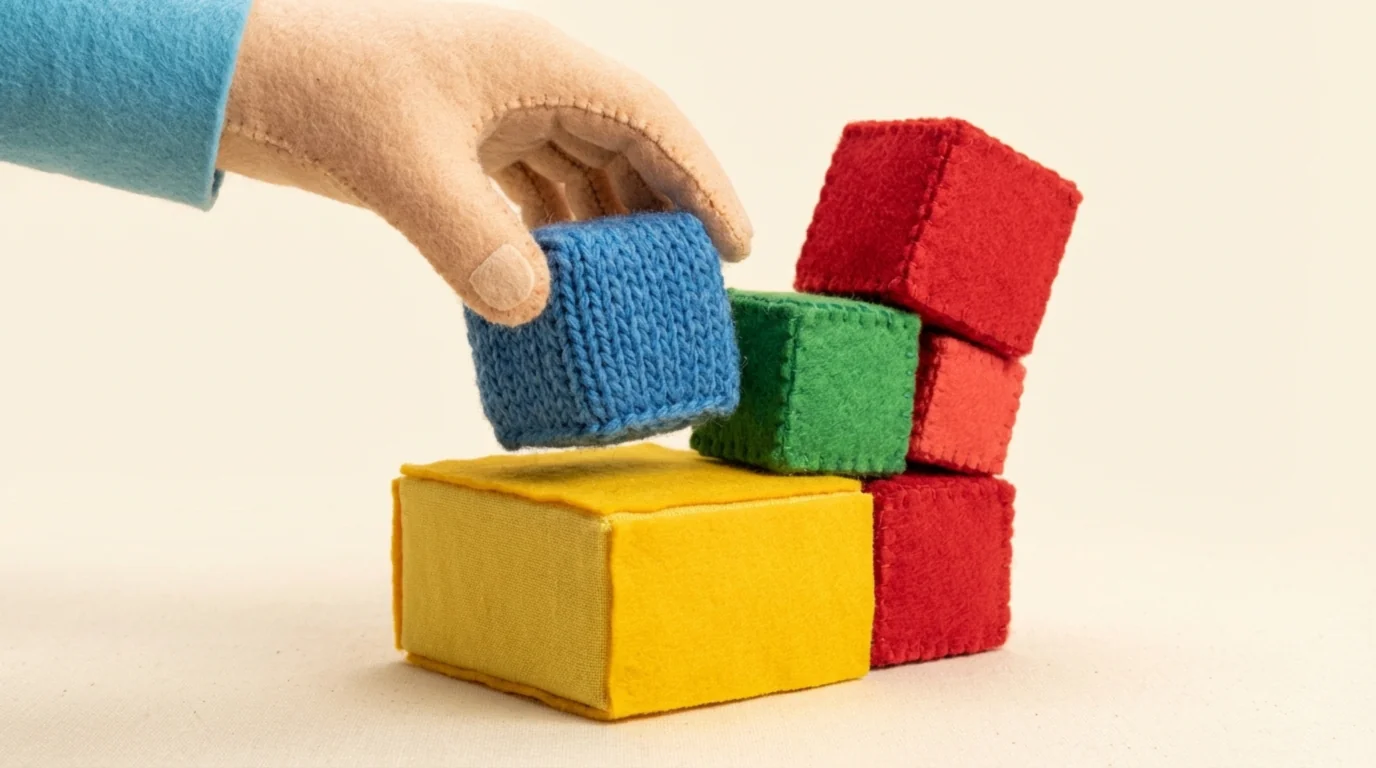 Визуализация стратегии роста: рука строит структуру из блоков, символизирующих реферальную программу, социальный обмен и стимулы, на основе ценности продукта.