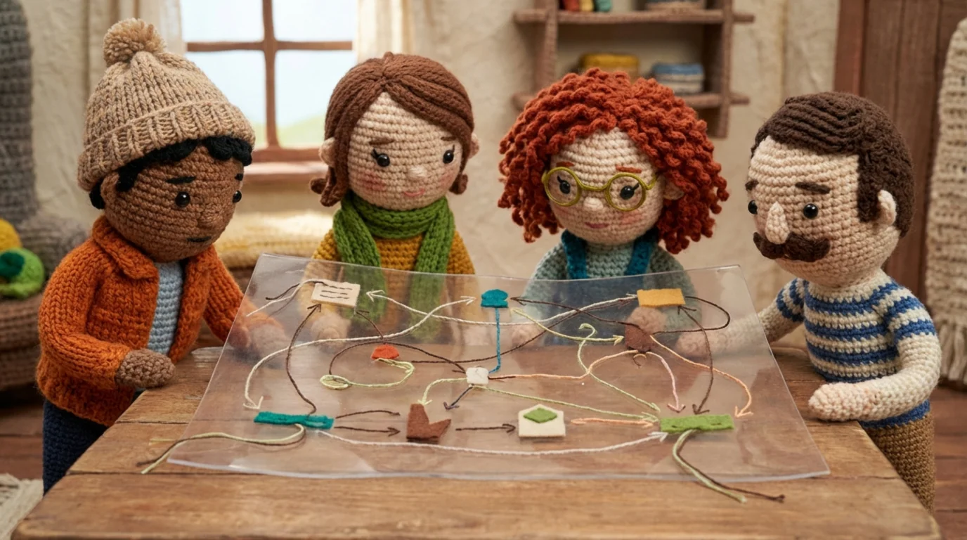 Визуализация четкой командной коммуникации, где люди смотрят на общий план, символизируя согласие перед экспериментом.