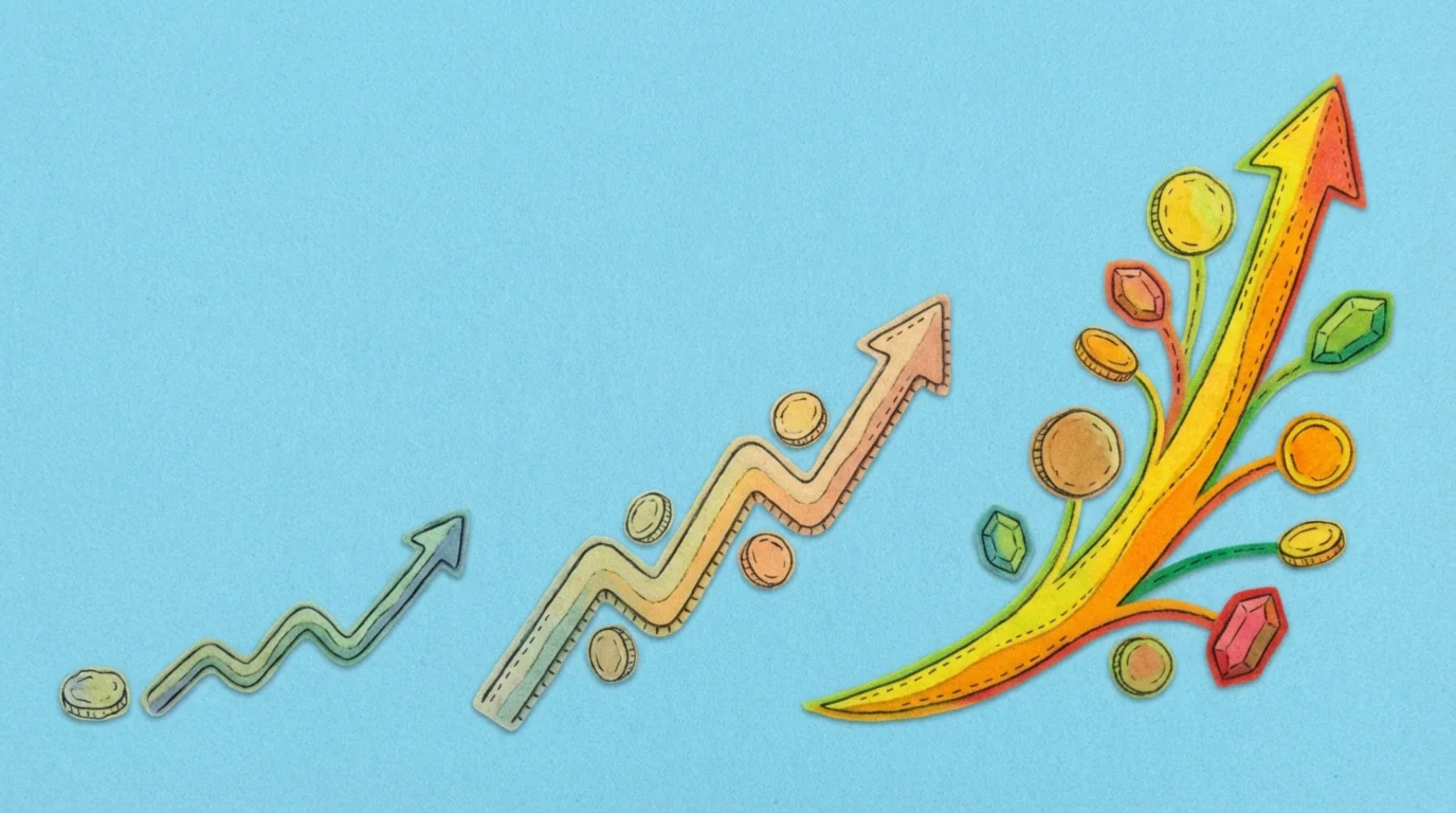 Визуализация роста дохода: реферальная программа для бизнеса показывает прогресс от новичка до опытного пользователя с увеличением дохода.