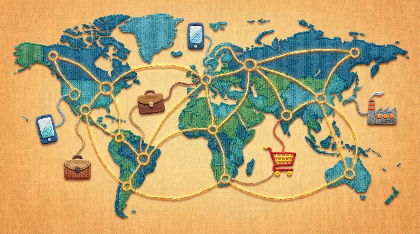 Карта мира с сияющими линиями, соединяющими регионы, символизирует глобальный охват и сетевой рост.