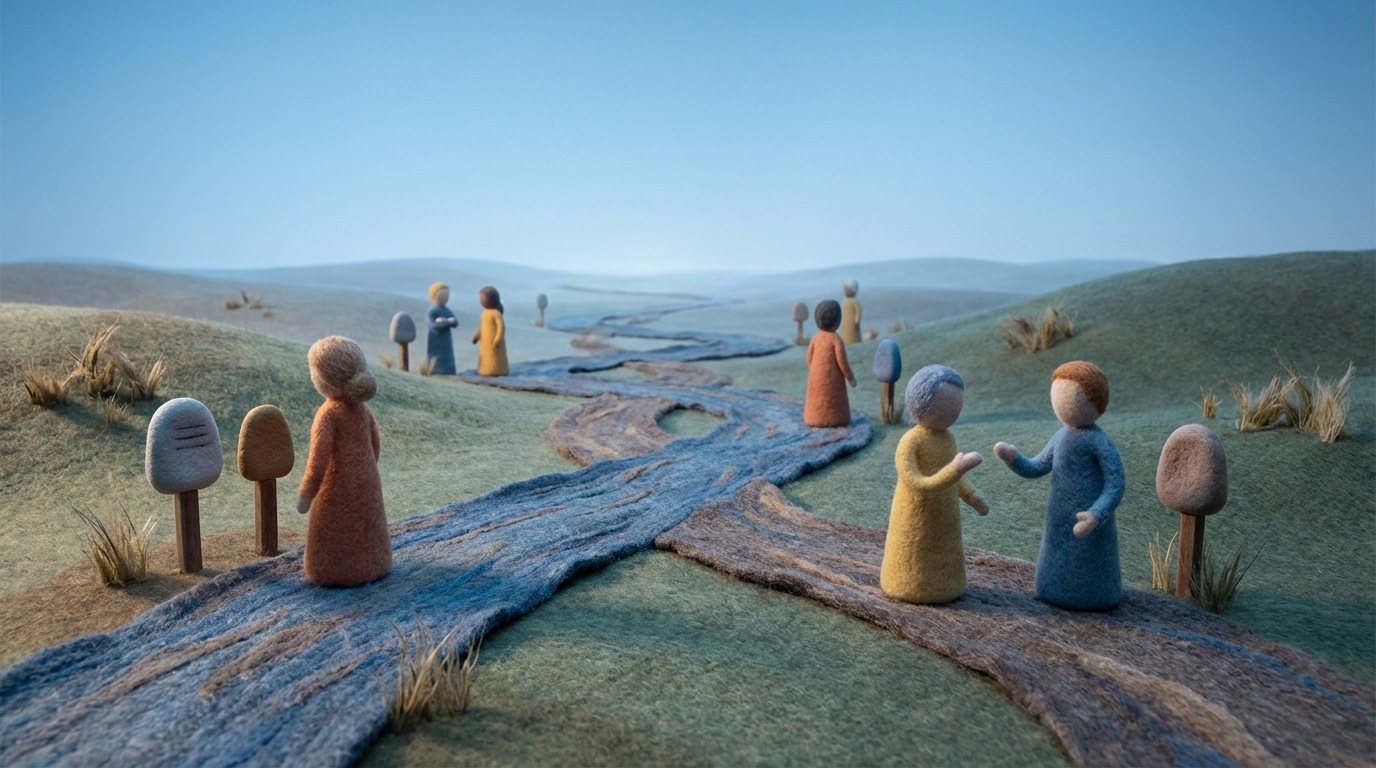 A winding, intricate path stretches across a serene landscape, extending from the foreground to the distant horizon. Along the path, various small, distinct markers or signposts are visible, labeled with stages like "Problem Identification," "Research," "Evaluation," and "Decision." Several stylized, faceless figures, representing different stakeholders, are positioned at various points along the path, some pausing to examine a sign, others engaged in conversation. The path appears well-worn, symbolizing a long and complex journey. The expansive landscape under a clear sky emphasizes the duration and scope of the process, rendered in a cool, patient color scheme.