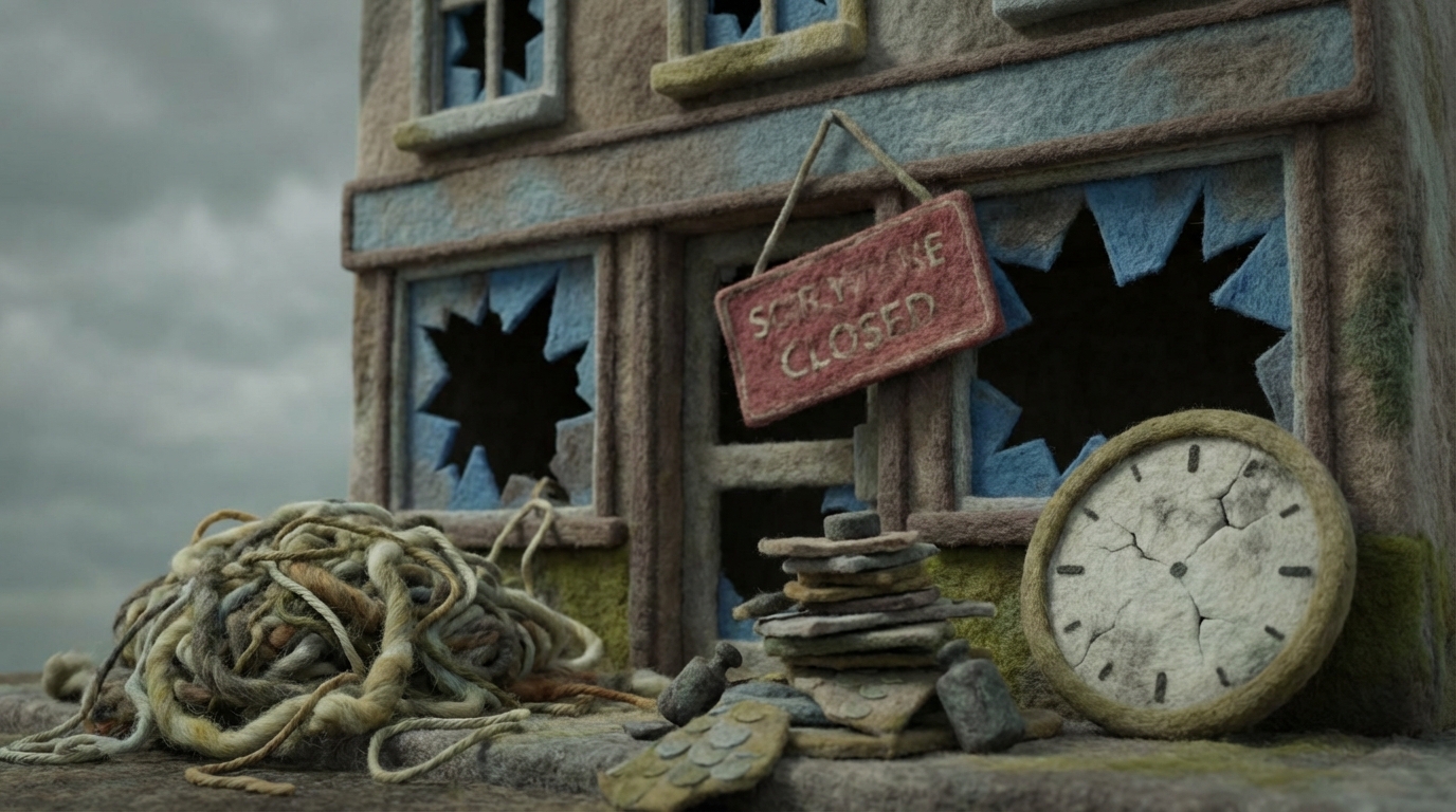 A small, struggling business facade with broken windows and a 