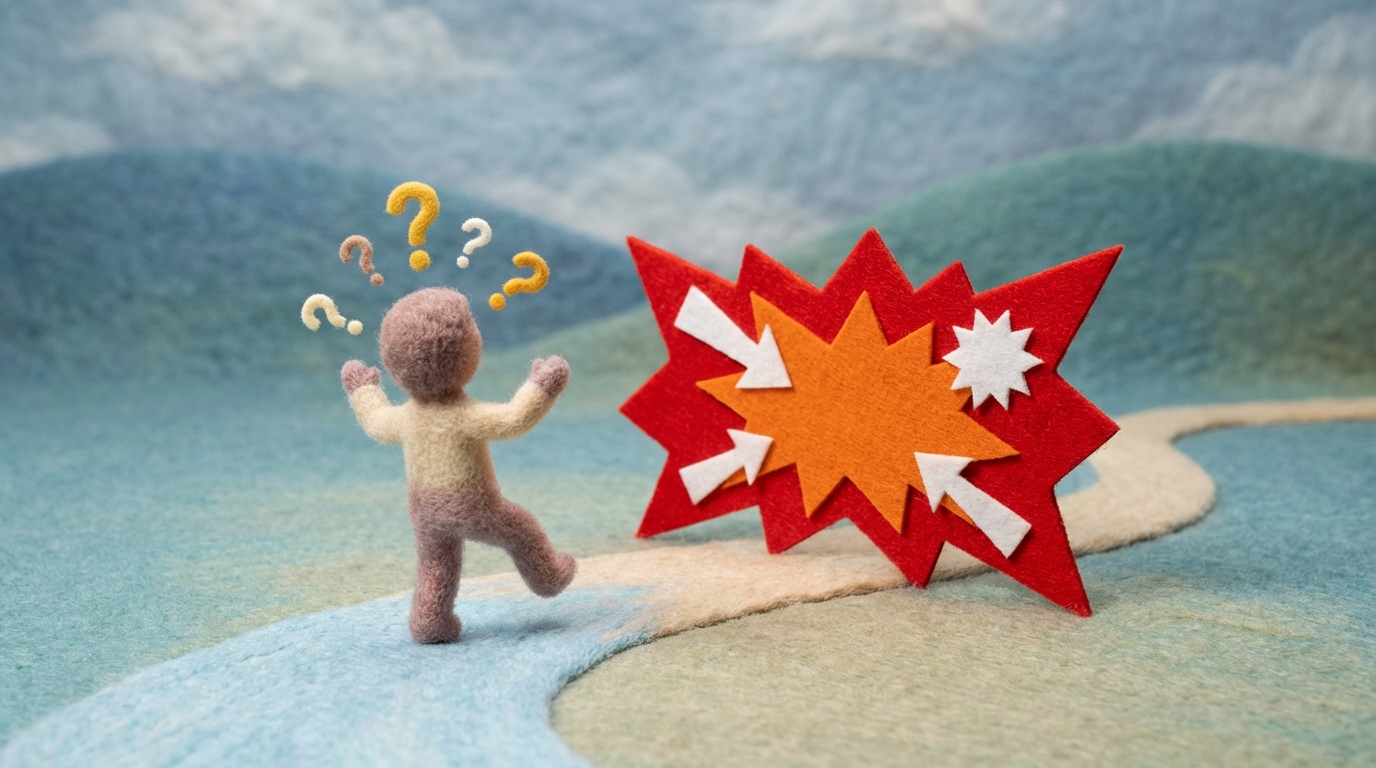 A stylized, abstract scene depicting a pathway. A small, stylized figure (silhouette) is tentatively stepping onto the path, looking around to gather information (represented by floating question marks). Immediately in front of them, a large, aggressive sales banner or sign (with a prominent "BUY NOW!" message) abruptly blocks their way, causing the figure to recoil slightly. The composition emphasizes an untimely and unwelcome sales push, with contrasting colors (soft for the path, stark red for the banner) to convey the jarring nature of the interaction.