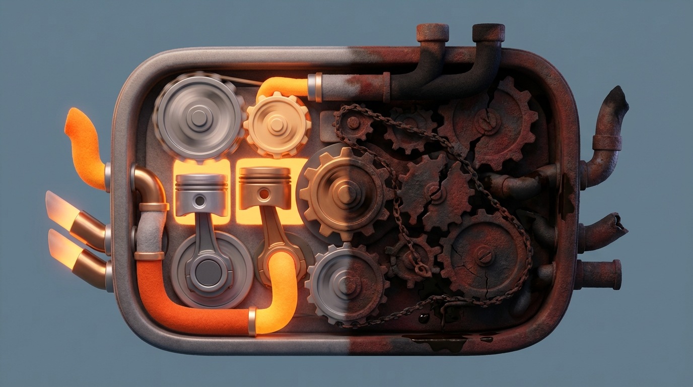 A stylized depiction of a complex, multi-faceted engine. Some parts are brightly lit and moving smoothly, representing efficient components, while other parts are dark, rusted, or jammed, symbolizing dysfunctional elements. The overall mood is one of potential power held back by internal friction. The color palette is a mix of metallic grays, deep reds, and stark blacks, with occasional bright highlights.