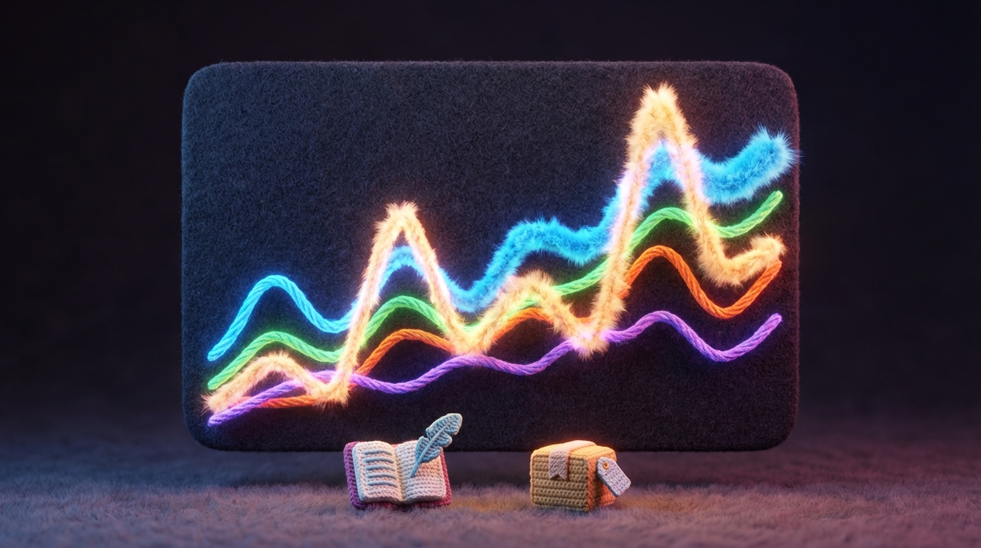 A stylized, glowing digital chart or graph showing multiple colored lines representing different keywords, with varying peaks and valleys indicating search volume and traffic. Some lines are thicker and brighter, representing high-traffic keywords. Below the graph, small, distinct icons represent different content types (a blog post icon, a product page icon). The background is dark, emphasizing the glowing data. Bright, contrasting colors for the lines on the graph (e.g., blue, green, orange).
