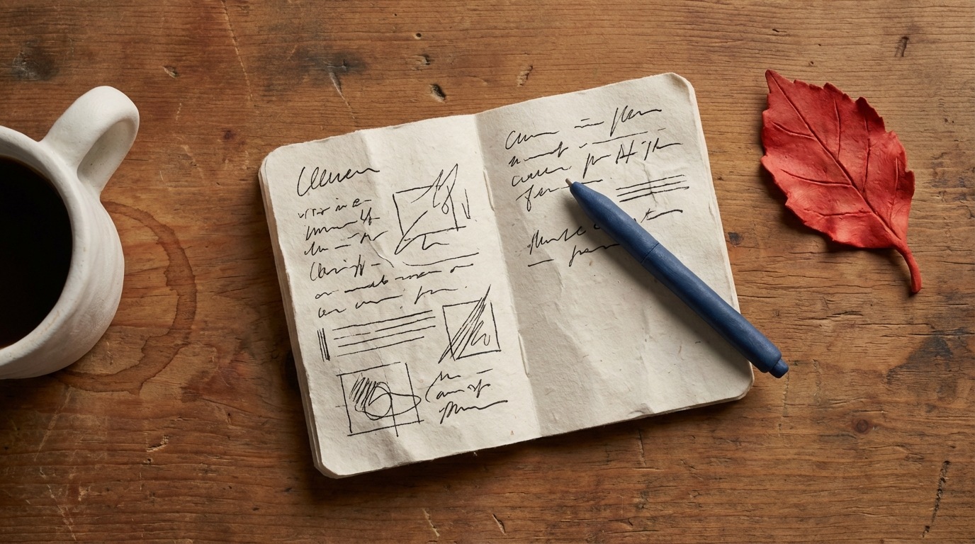 A top-down view of a wooden desk surface. A slightly crumpled, open notebook lies in the center, filled with handwritten notes and sketches. A dark blue pen rests diagonally across the pages. To the left, a white ceramic coffee mug with a faint brown ring stain sits near the edge. To the right, a single, bright red autumn leaf is placed on the table. The scene evokes a sense of thoughtful work or study. The color palette is warm, featuring wood tones, white, black, and the vibrant red of the leaf.