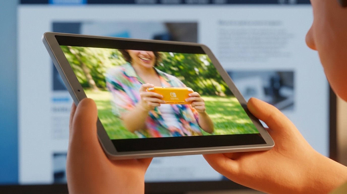 A hand holding a tablet displaying a dynamic video of a product being used in a real-world scenario. The tablet is slightly angled, showing the screen clearly. In the background, blurred text and static images on a website page are visible, suggesting the contrast between reading and seeing. The focus is on the tablet screen, which is bright and engaging. The color palette includes warm skin tones for the hand, cool blues and grays for the blurred background, and vibrant, active colors on the tablet screen. Close-up shot, emphasizing the interaction with the video.