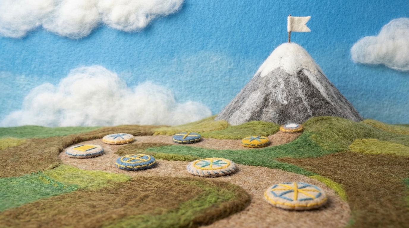 A winding, clear path stretching into the distance, leading to a prominent, stylized mountain peak with a flag planted at its summit. The path has distinct markers or milestones along the way, indicating measurable progress. The mountain is challenging but clearly reachable. The sky above is bright and inspiring. A sense of journey and achievable ambition. Green and brown path, blue sky, white peak.