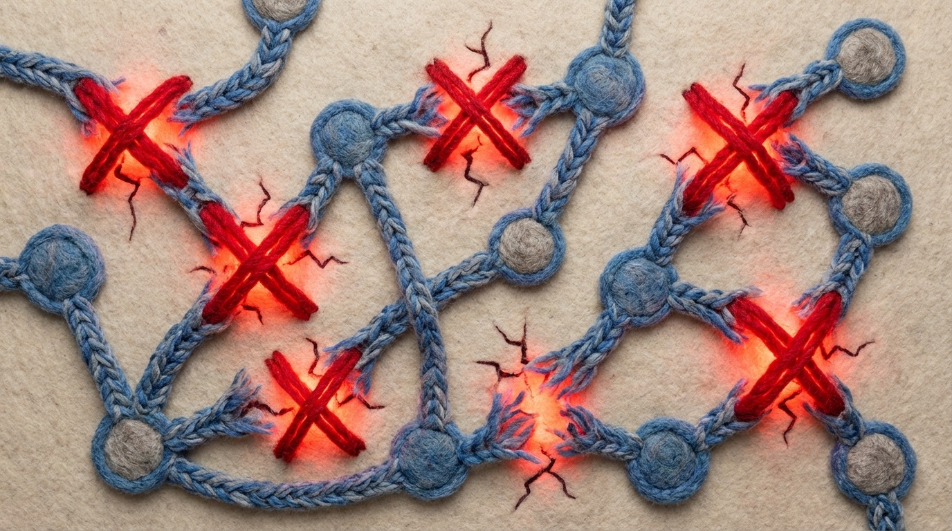 A simplified, abstract representation of a website or a customer journey flow, depicted as a network of connected nodes and paths on a light background. Several nodes or path segments are highlighted with a glowing red "X" or appear cracked and broken, symbolizing "pain points" or areas of user drop-off. These 'broken' points stand out against the smooth, flowing lines of the rest of the journey. The surrounding area has a slightly concerned but analytical mood, using a color palette of soft grays and blues for the paths, with stark red for the problem areas. Viewed from a direct overhead perspective.