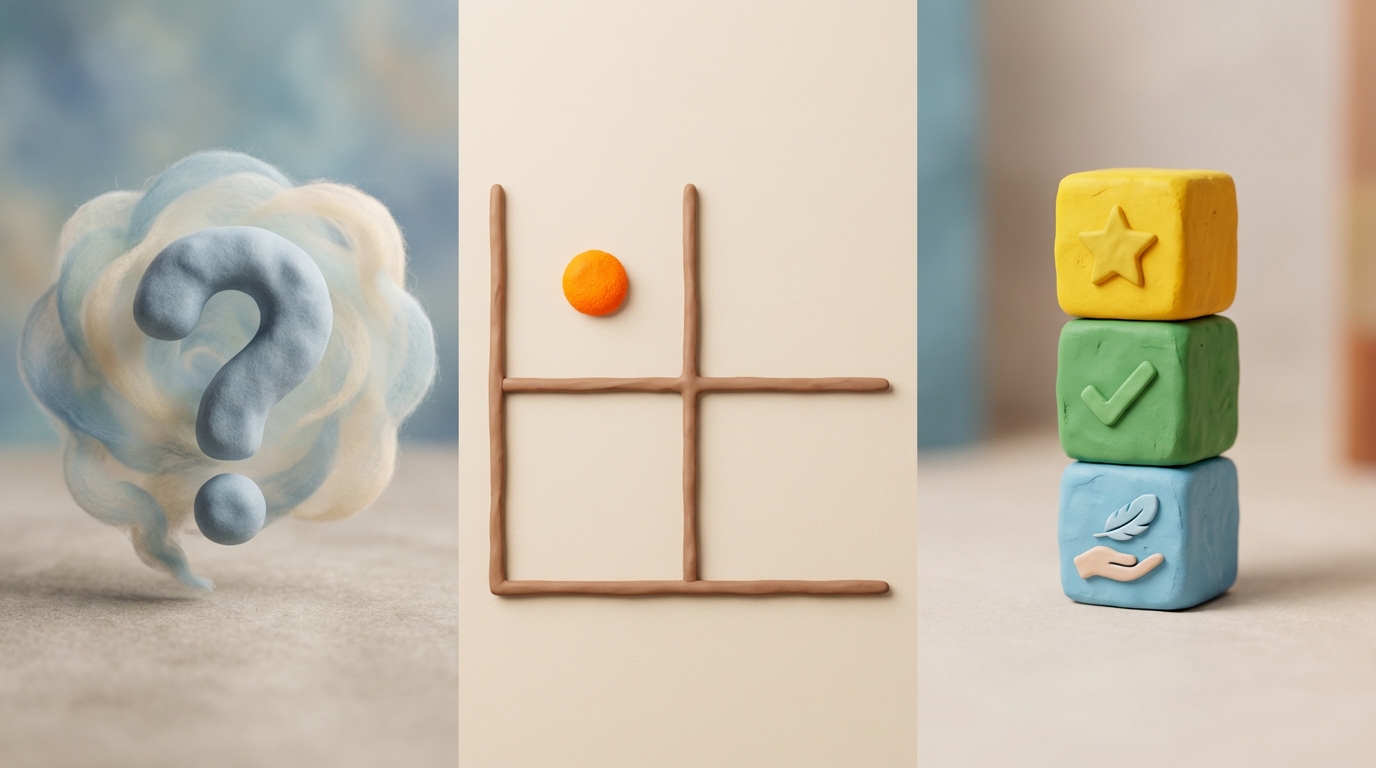 A three-part composition, illustrating different prioritization methods. 1. **Left:** A single, large, stylized question mark with a subtle thought cloud around it, representing 