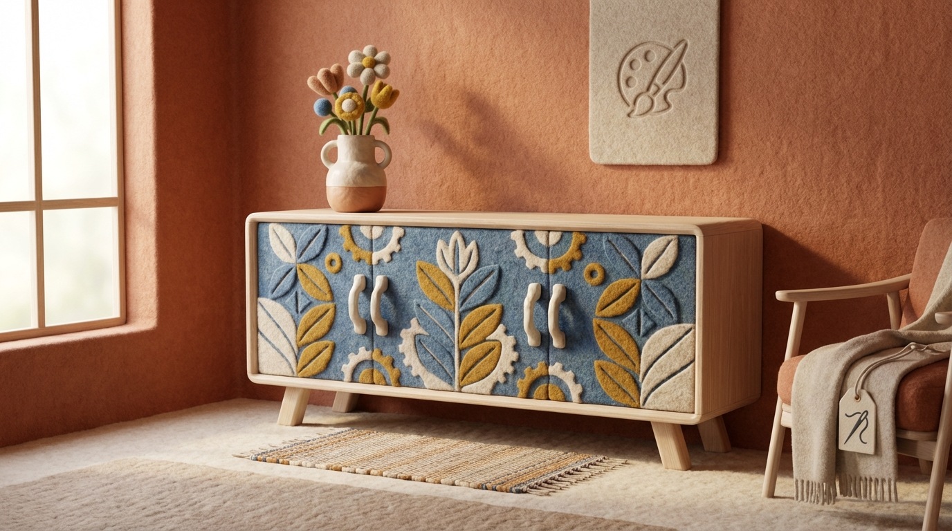 A stylized illustration showcasing a piece of custom-made furniture in a beautifully designed interior. The focus is on the craftsmanship and unique details of the furniture. Subtle icons representing creativity, artistry, and bespoke design are integrated into the scene. The overall mood is elegant and inspiring.