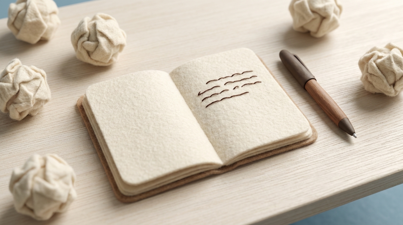 A clean, simple desk surface, viewed from a slightly elevated perspective. Scattered around the edges of the desk are several crumpled pieces of paper, representing discarded or imperfect drafts. In the very center, a clean, open notebook page shows a few distinct, clear, and concise sentences neatly written, contrasting sharply with the surrounding mess. A simple, elegant pen rests diagonally beside the notebook. The scene conveys refinement, clarity, and the process of editing ideas into coherent statements. Soft, natural lighting creates a calm, focused mood.