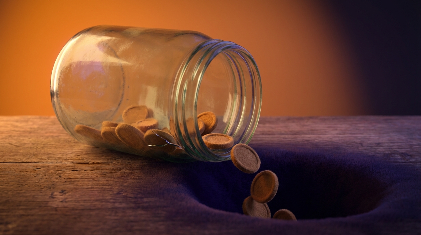 A half-full glass jar, with a few coins sparsely scattered at the bottom. The jar is slightly tilted, and a few coins are visibly rolling out and disappearing into a shadowy area beneath it. A subtle, almost imperceptible leak is visible at the bottom of the jar, symbolizing a continuous, unnoticed drain. The overall composition suggests a slow but steady loss of resources. Warm, dim lighting.