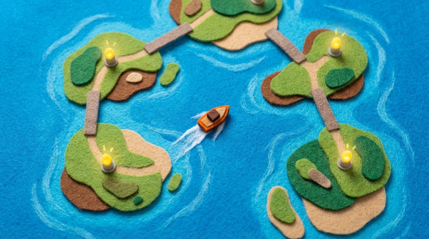 A series of small, interconnected islands, each representing a different market trend or customer preference. A tiny, agile boat is quickly moving between these islands, dropping a small, glowing beacon on each, symbolizing rapid hypothesis testing and adaptation. The water around the islands is a vibrant blue, and the islands themselves are various shades of green and brown. The scene has a sense of continuous motion and exploration. Viewed from directly above, like a map.