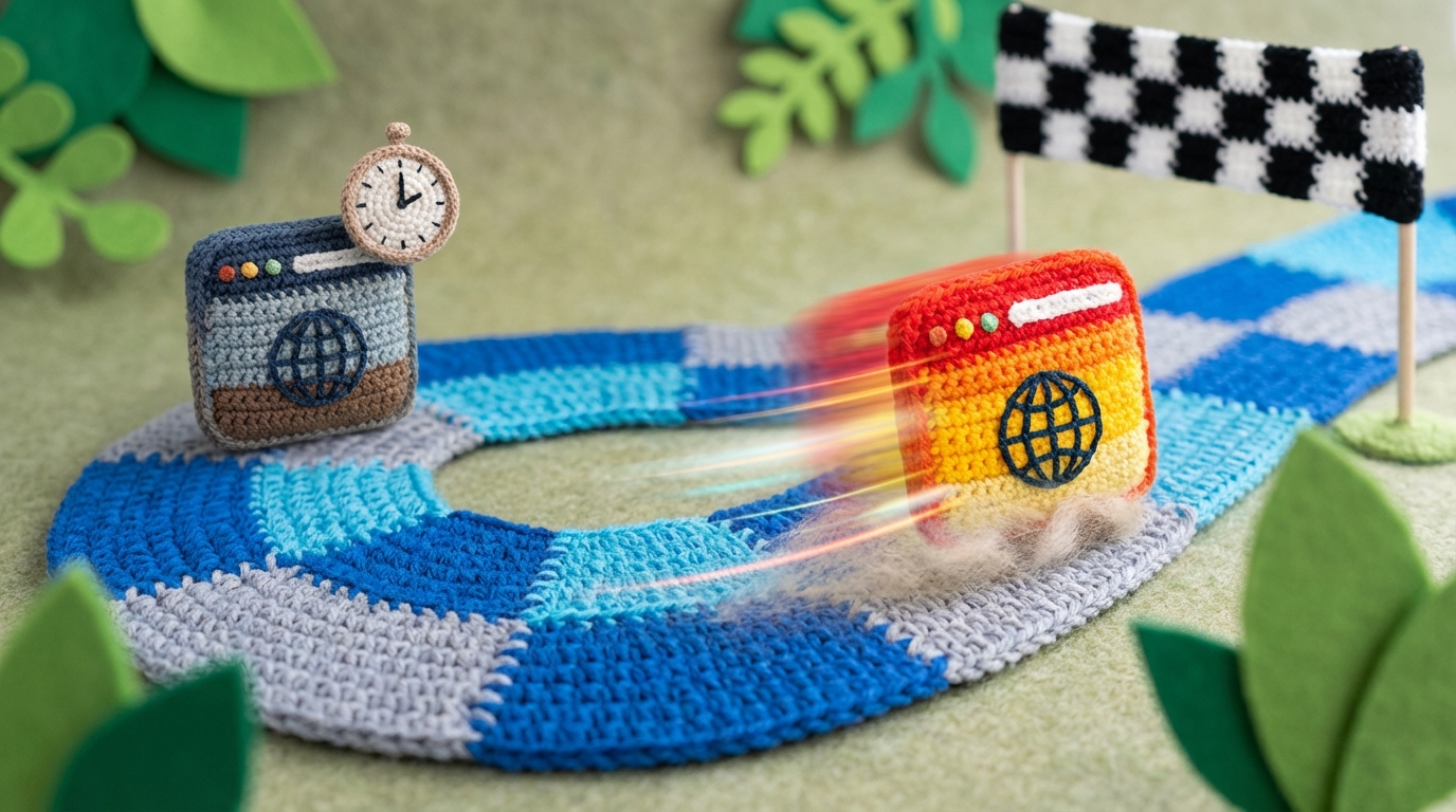 A digital racetrack with several stylized web page icons. One page icon is far ahead, moving swiftly, leaving a blur. Another page icon is lagging far behind, barely moving, with a small, stylized clock ticking slowly above it. The finish line is clearly visible in the distance. Vibrant, energetic colors for the fast page; dull, stagnant colors for the slow page. A sense of urgency and competition.