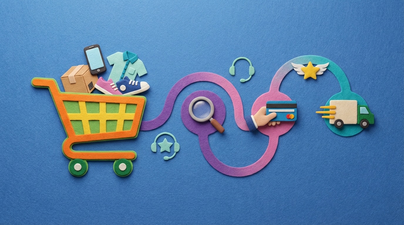 A stylized representation of an e-commerce experience. A shopping cart icon is filled with various items. Beside it, a flowing line represents a customer journey, with points for browsing, purchasing, and receiving delivery. Subtle icons related to customer service and loyalty programs are integrated into the design. The color palette is vibrant and engaging.