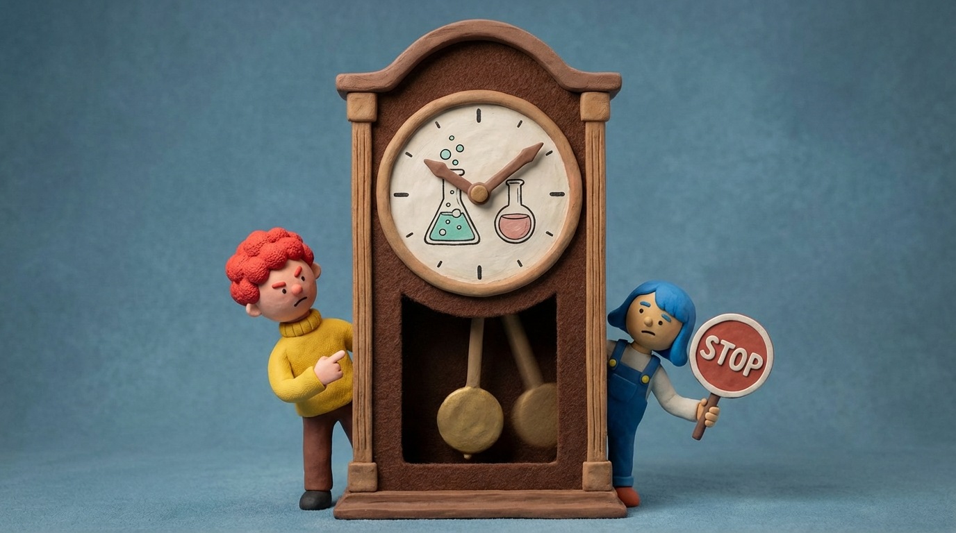 A large, antique grandfather clock stands prominently in the center, its pendulum swinging slowly. Two small, stylized figures are peeking from behind the clock, one impatiently pointing at the clock face while the other holds a "Stop" sign. The clock face shows a partially completed experiment, with one hand slightly ahead of the other. The scene is rendered in a slightly muted, classic style, emphasizing the theme of patience and the temptation to prematurely end a process.