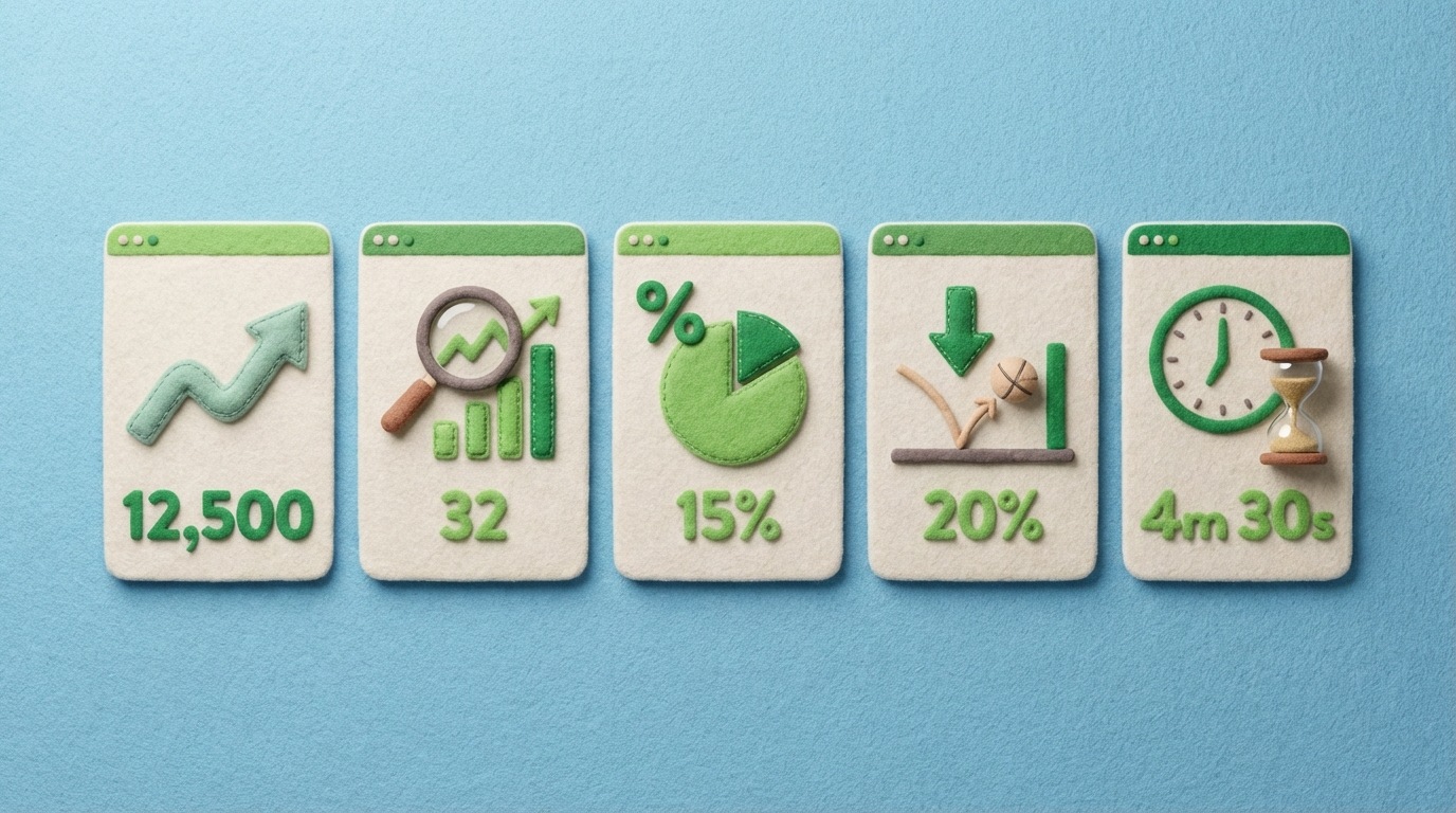 A clear, focused dashboard showing five prominent, distinct metric cards. Each card highlights a key metric: "Organic Traffic" with an upward trend, "Keyword Positions" with a number indicating improvement, "Conversion Rate" with a percentage, "Bounce Rate" with a low percentage, and "Time on Site" with a high duration. The cards are arranged for easy comparison, using green and red accents to denote positive or negative trends. The background is a clean, minimalist digital interface.