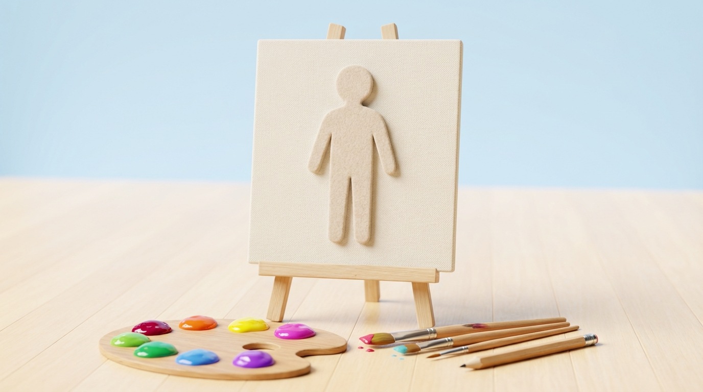 A blank, minimalist silhouette of a human figure standing upright on a canvas, resembling a mannequin. Around the canvas, various art tools are scattered: a palette with a spectrum of vibrant colors, several paintbrushes, and a pencil, all waiting to be used. This visual metaphor illustrates the process of "filling in" the details of a buyer persona from a blank slate. The mood is creative and anticipatory, with a bright, clean color palette.
