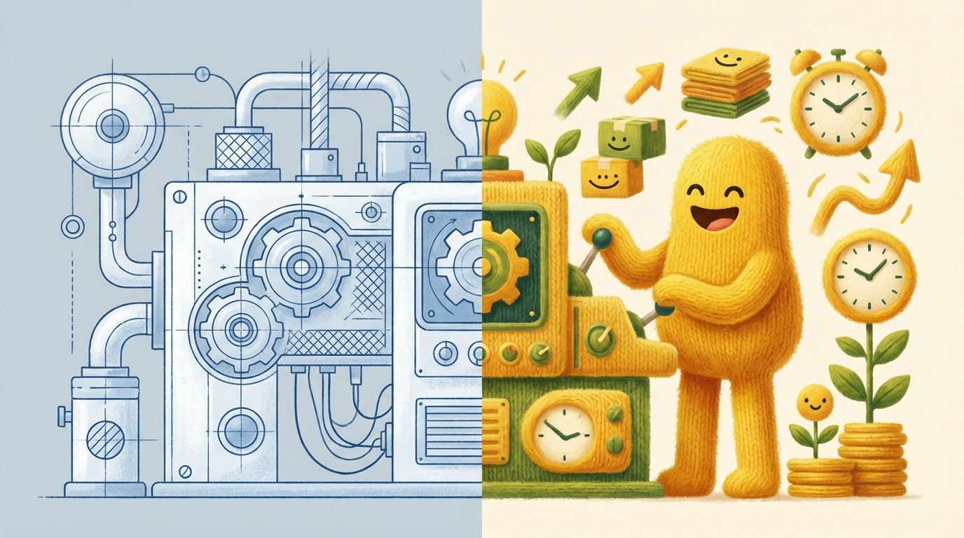 A split view. On the left, a detailed blueprint or schematic of a complex machine, filled with technical labels and numbers (characteristics). On the right, a simple, vibrant illustration of a happy, productive person using the machine with ease, surrounded by positive outcomes (benefits: e.g., saved time, increased output). The contrast is stark. Cool blues for the blueprint, warm yellows and greens for the benefits.