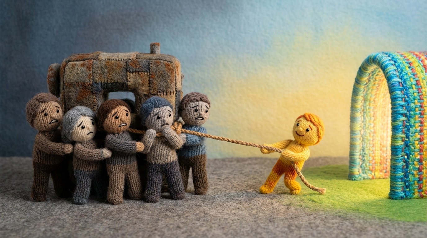 A visual representation of resistance to change. A group of stylized figures are holding onto a large, familiar object (representing the old way of doing things), while a single figure is trying to pull them towards a new, brighter structure. The figures resisting are depicted with stern or fearful expressions. The color palette contrasts dull, somber tones for the old system with bright, inviting colors for the new.