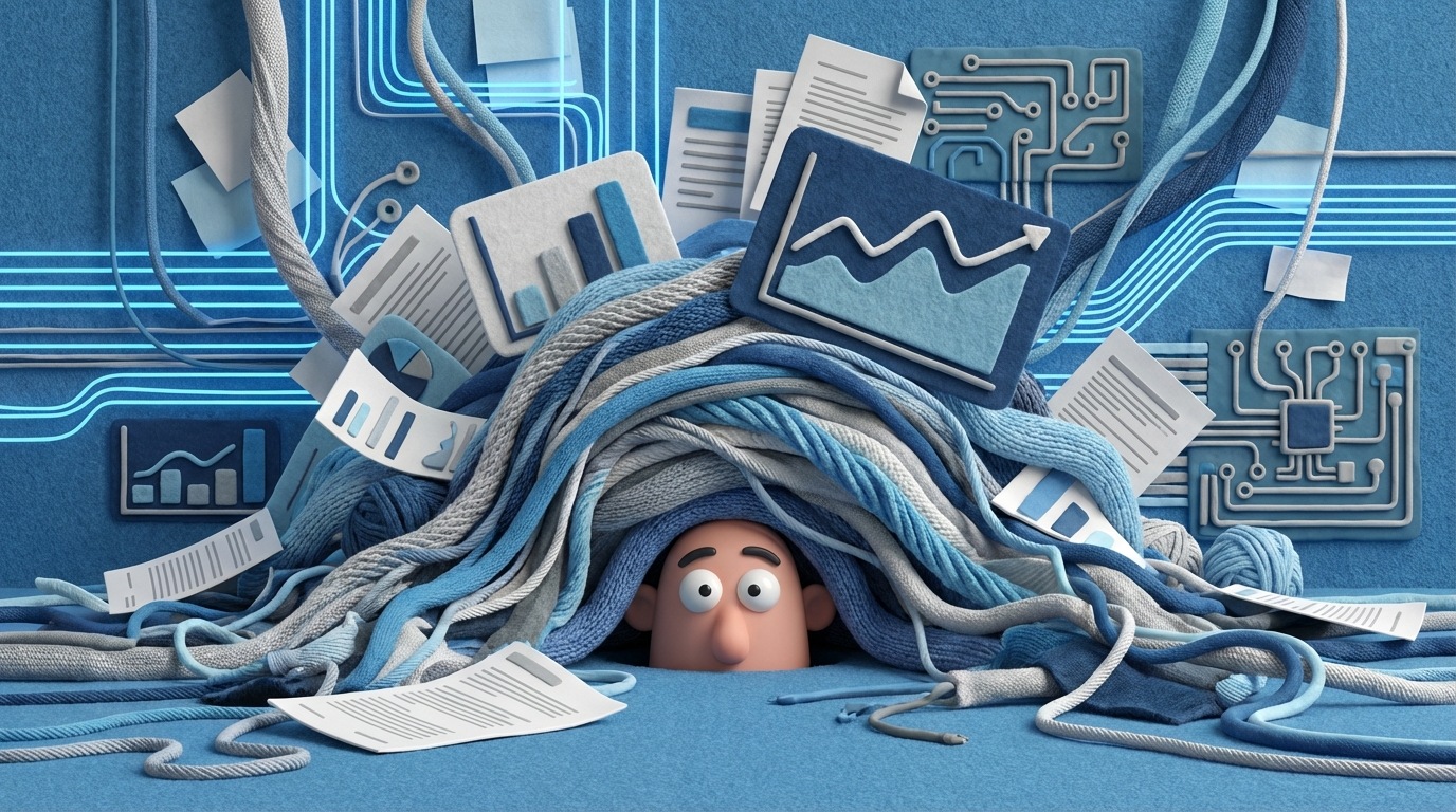 A person's head partially obscured by a cascade of overflowing data streams, abstract graphs, and scattered reports. The person's expression is one of slight bewilderment, struggling to make sense of the visual noise. The background is a chaotic mix of digital and paper elements, dominated by cool, sterile blues and grays.
