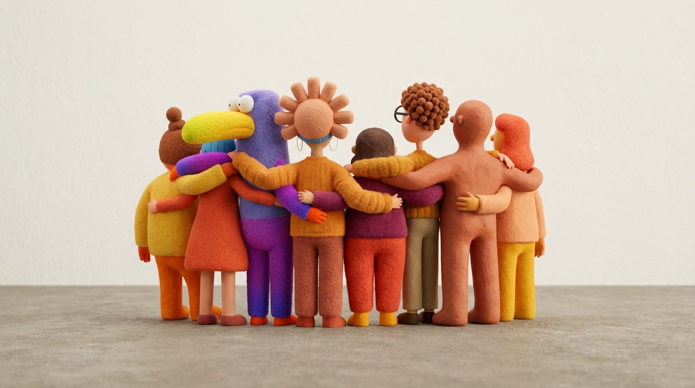 A group of diverse, abstract figures standing together, forming a solid, interconnected shape. Their individual forms are distinct but they are physically linked, suggesting synergy and strength in unity. The figures are vibrant, warm colors against a neutral background, highlighting their importance. Low-angle shot, emphasizing their collective power.
