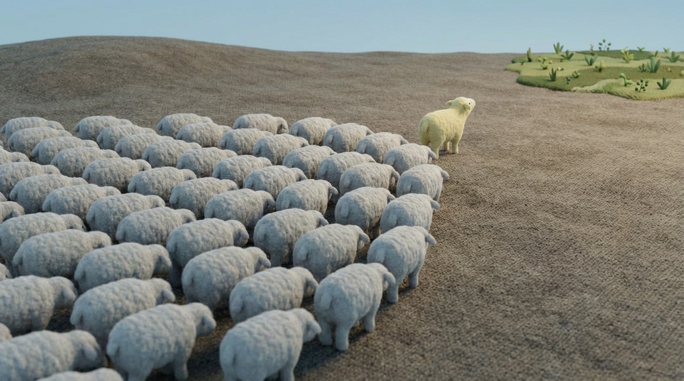 A flock of identical, stylized sheep, uniformly colored in muted grey-white, all moving in one direction across a barren, slightly undulating landscape, with their heads down. One sheep, positioned slightly to the side or rear of the flock, is subtly different in color (e.g., a faint yellow or blue hue) and is looking up, away from the moving crowd, towards an empty but potentially fertile patch of land in a completely different direction. The flock is tightly packed, emphasizing conformity. The mood is one of conformism, with a subtle hint of independent thought. Muted, repetitive colors for the flock, with a contrasting, slightly brighter color for the inquisitive sheep.