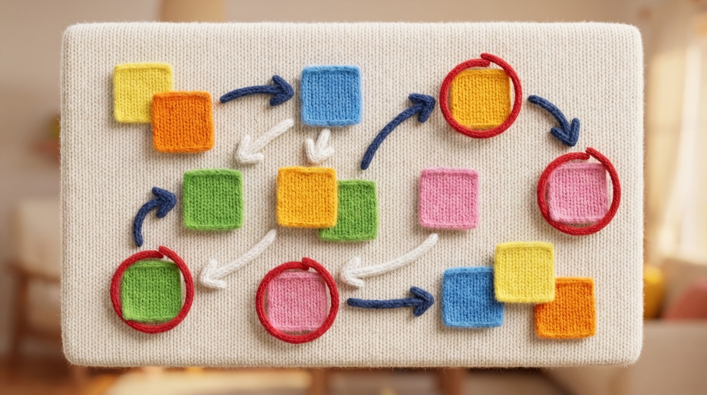 A visual metaphor for process mapping: a series of interconnected colored sticky notes on a large whiteboard. Each note represents a step in a process, with arrows drawn between them to show the flow. Some notes are circled in red, indicating problem areas. The overall feel is collaborative and analytical. The color palette is bright and varied, with white and blue for the board and colorful notes.