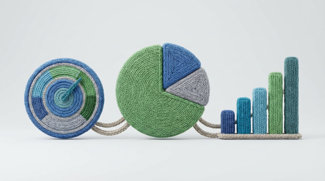 A stylized dashboard displaying various interconnected metrics. On the left, a 