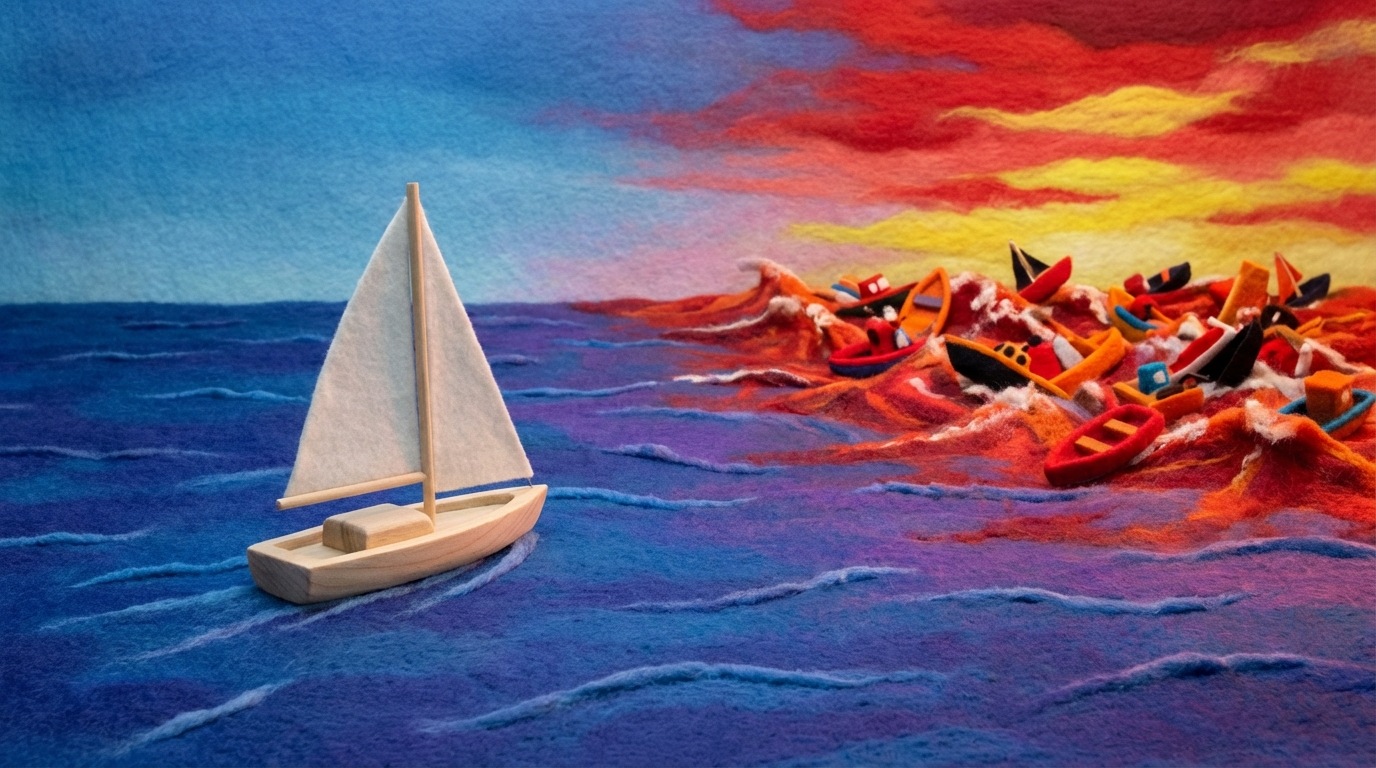 A serene, deep blue ocean stretches out, with a single, calm sailboat gliding smoothly on its surface. In the distance, a turbulent, red-tinted sea is filled with many boats jostling and struggling, creating a chaotic and competitive scene. The blue ocean represents an untapped market, while the red ocean symbolizes fierce competition. The composition emphasizes tranquility and opportunity in the foreground, contrasting with conflict and struggle in the background. The mood is peaceful and strategic. Dominant colors are deep blues and purples for the calm ocean, with fiery reds and oranges for the turbulent one.