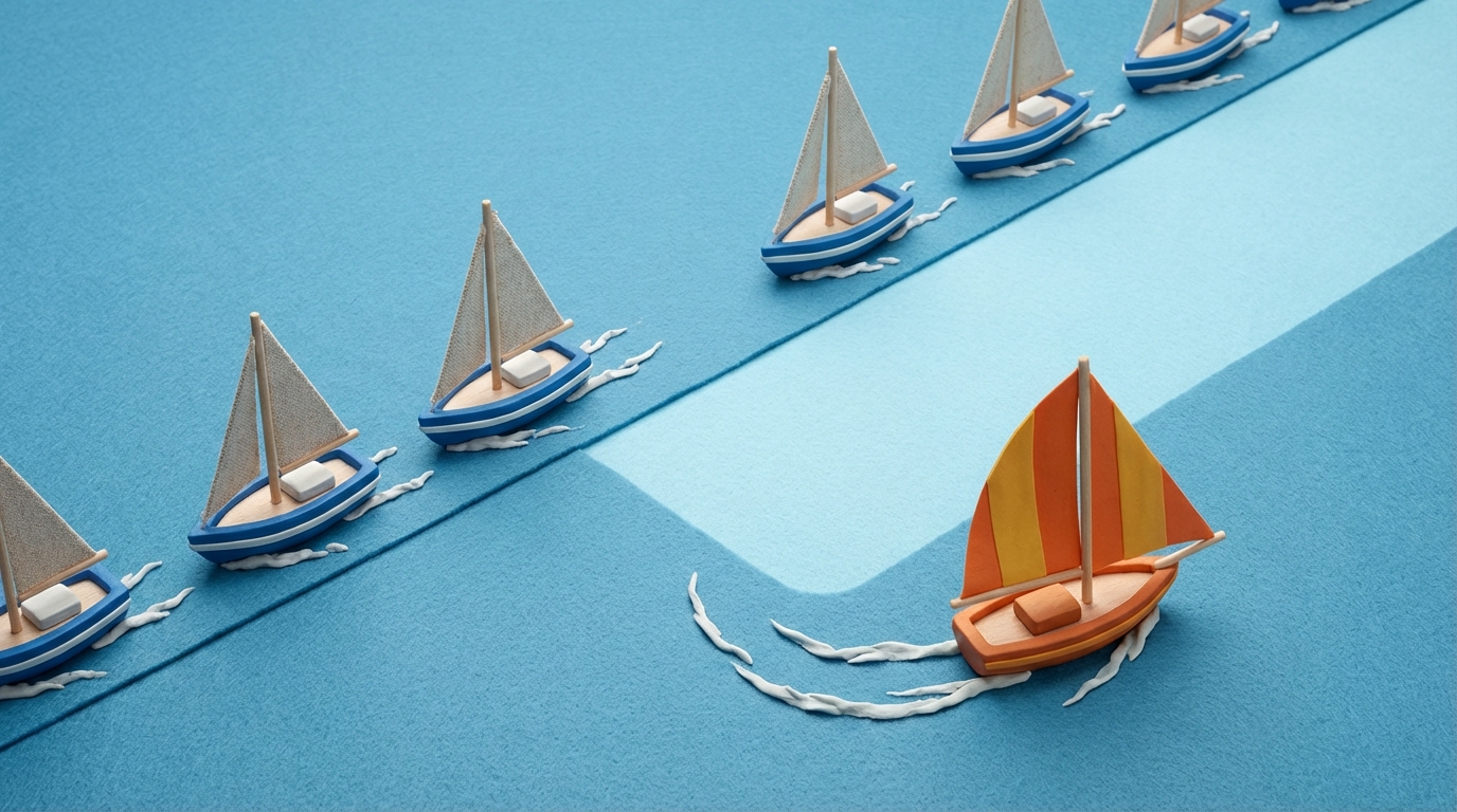 A stylized overhead view of several small, identical boats sailing in a neat line across a calm, blue body of water, each leaving a similar, narrow wake. One boat, however, is slightly off-course or has veered away, revealing a clear gap or an unexploited, lighter area of water. Another boat, positioned prominently in the foreground, is shown actively preparing to steer into this open space, its sail unfurled in a unique, strategic direction. The mood is strategic and observant. Cool blue tones for the water, with a contrasting, warm color for the strategic boat, highlighting its distinct movement.