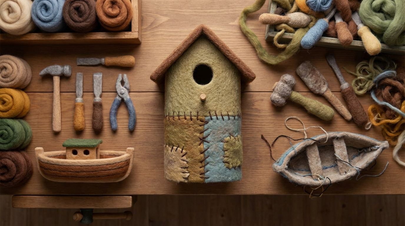 A workbench with various tools and partially finished items. On one side, items are meticulously crafted and organized, showing high quality. On the other side, similar items are noticeably less refined, with visible imperfections and tools scattered haphazardly. A partially completed project sits in the middle, showing a decline in precision and attention to detail. Overhead view, with a focus on the contrast. Earthy tones dominate the scene.