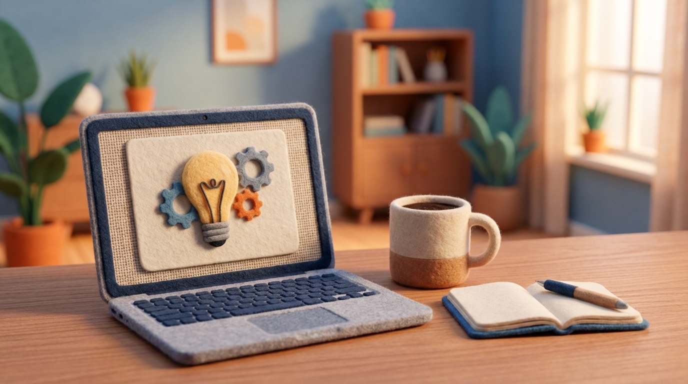 An open laptop displaying a blog post with a compelling headline and an engaging image. Beside the laptop is a cup of coffee and a small notebook with a pen. The background is a softly lit, modern office setting. The mood is one of focused content creation and knowledge sharing.