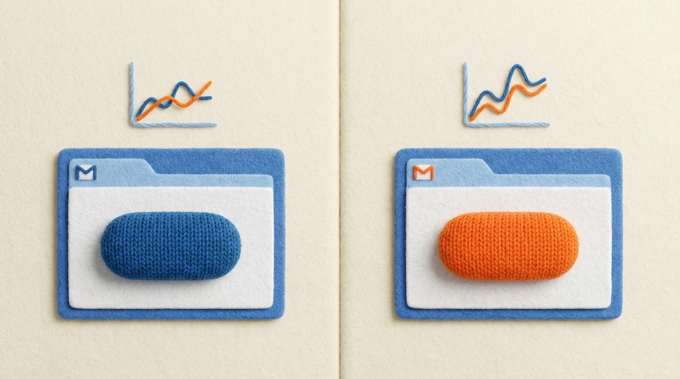 A split screen divided vertically. On the left side (Version A), a stylized email with a prominent blue button. On the right side (Version B), the same email design but with a prominent orange button. Above each version, a small, subtle graph shows a slightly different performance outcome, indicating A/B testing results. The background is clean and neutral, highlighting the comparison. Clear, contrasting colors for the buttons.