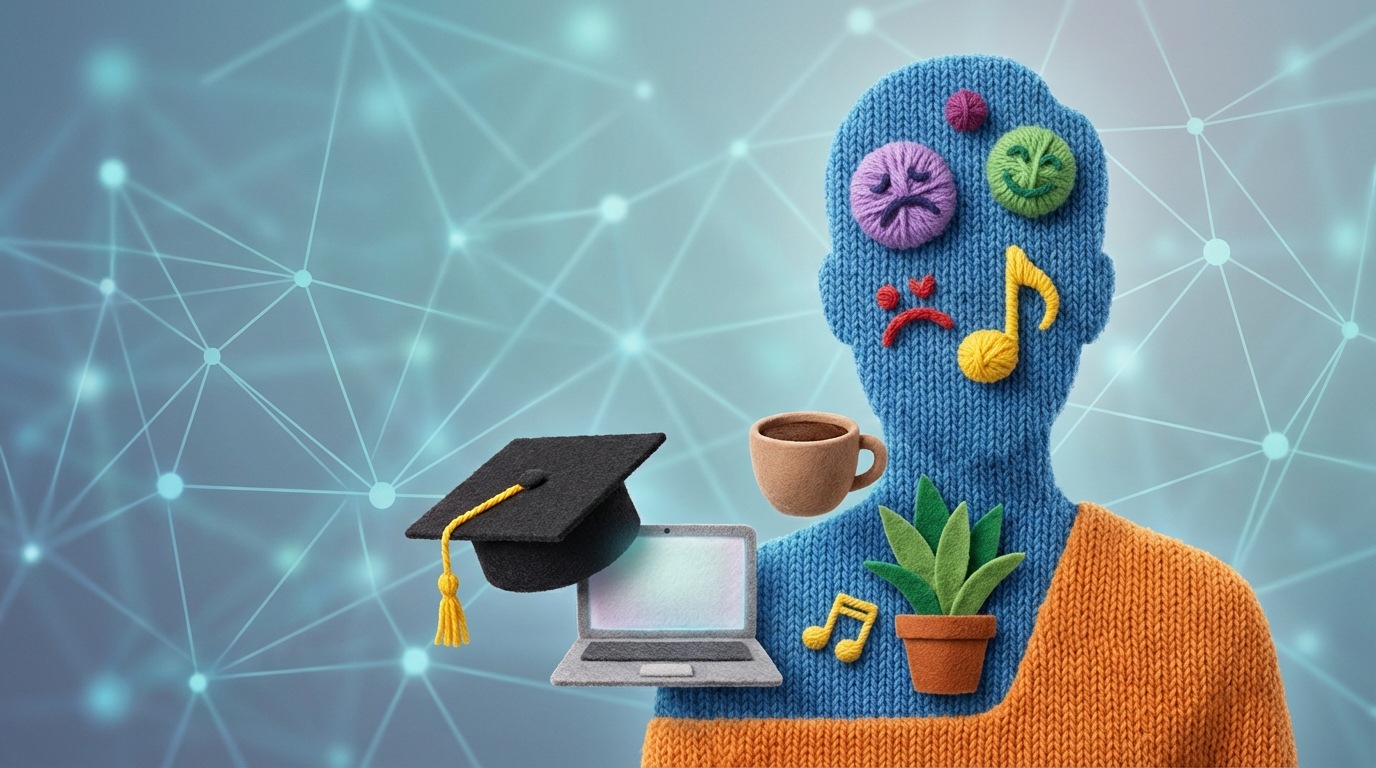 A stylized illustration of a person's silhouette filled with various icons representing different aspects of life and interests: a graduation cap, a laptop, a coffee cup, a small plant, a musical note, and abstract shapes indicating emotions. The silhouette is placed against a background that suggests a digital interface or a network. The overall impression is of a multifaceted individual with diverse needs and aspirations.