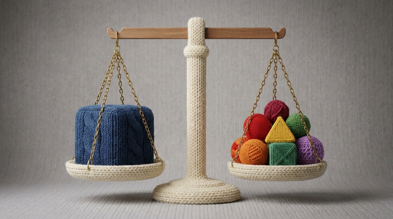 A balanced scale with two distinct weights on either side. On the left, a single, large, heavy-looking block labeled "A/B Test" sits. On the right, multiple smaller, intricately shaped weights labeled "MVT Elements" are arranged. The scale is perfectly balanced, suggesting a careful evaluation is needed. The background is a soft, neutral grey, emphasizing the decision-making process. The mood is thoughtful and strategic, representing the act of weighing options.