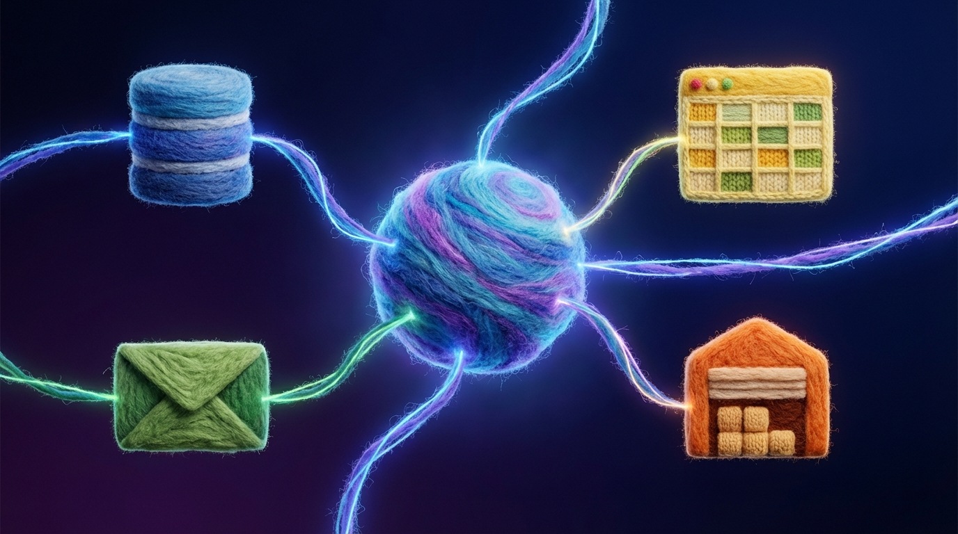 A network of diverse, floating digital modules or platforms, each represented by a unique icon (e.g., a database symbol, a mail envelope, a spreadsheet icon, a warehouse icon). Bright, glowing lines connect these modules to a central, larger module, representing the CRM system. The background is dark, emphasizing the glowing connections and the breadth of integration. A dynamic, futuristic feel with vibrant blues, purples, and greens. Distant, wide shot.