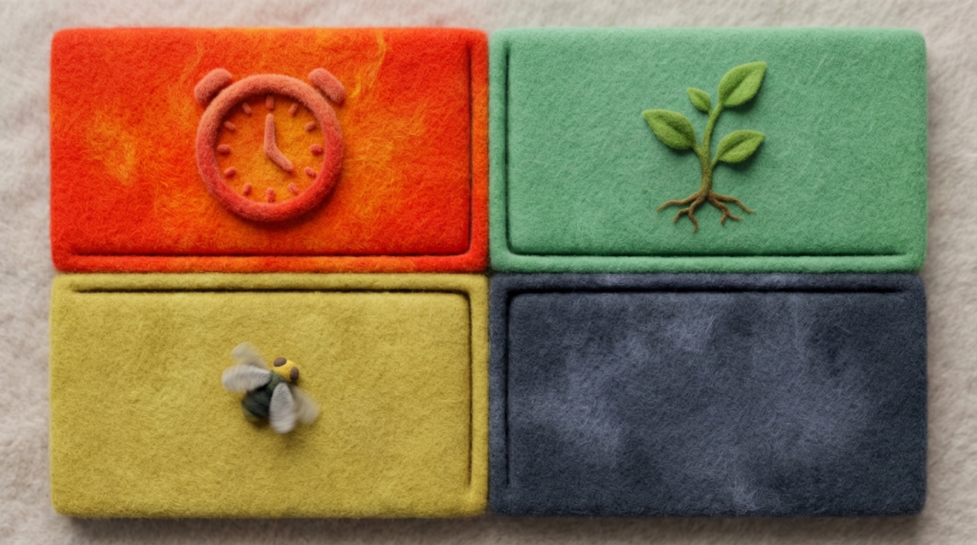 A 2x2 grid representing the Eisenhower Matrix. Each quadrant is visually distinct: the top-left (Urgent/Important) is a vibrant, fiery red with a subtle ticking clock icon; the top-right (Important/Not Urgent) is a serene, calm green with a small, growing plant; the bottom-left (Urgent/Not Important) is a dull yellow with a buzzing fly; and the bottom-right (Not Urgent/Not Important) is a dark, empty, faded space. Clear, minimalist labels for each axis: 